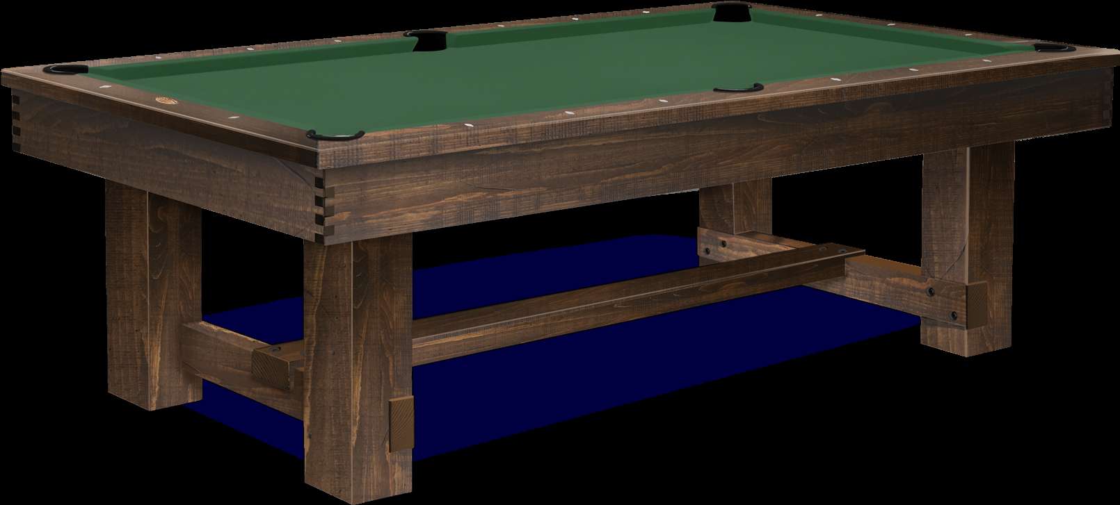 Rustic wooden pool table with green felt and black pockets. — Pool Table PNG