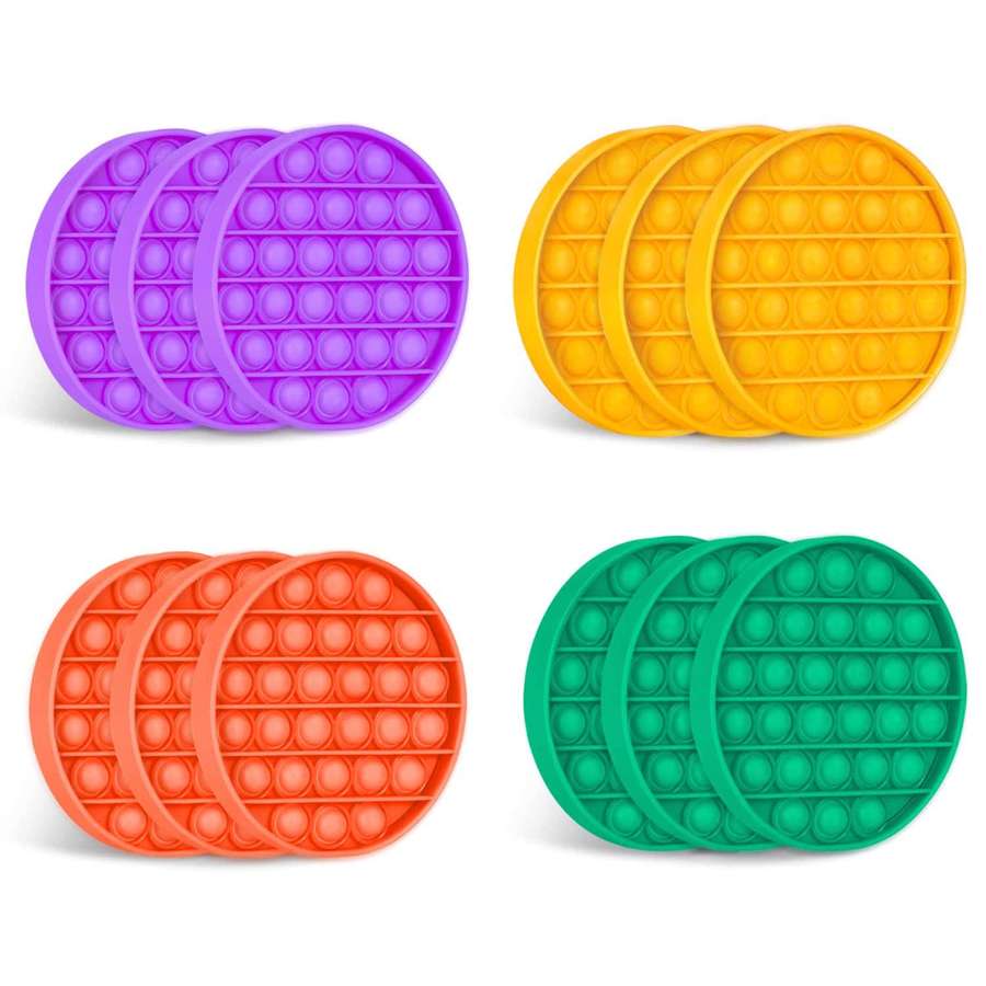 Four colorful silicone pop-it fidget toys in purple yellow orange and green. — Popit Picture
