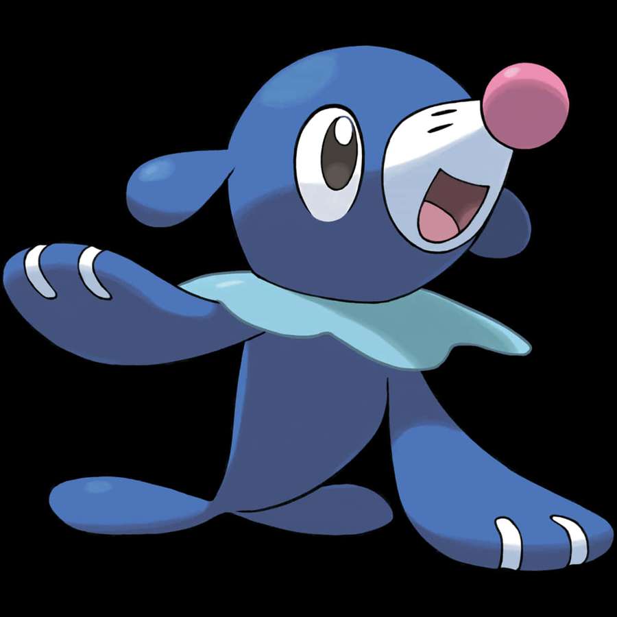 Blue cartoon seal with pink nose waving happily against black background — Popplio Wallpaper