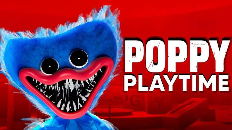 Blue furry monster with sharp teeth and wide eyes against red background with 'Poppy Playtime' text. — Poppy Playtime Background