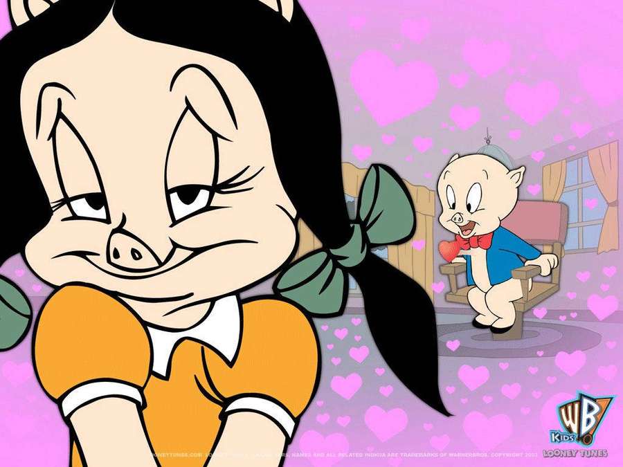 Cartoon-Ferkel hält Herz umgeben von rosa Herzen, während weibliche Sau in der Nähe grinst. — Porky Bilder