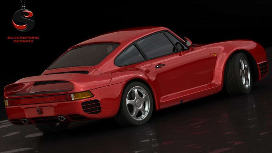 Red Porsche 959 sports car in studio with reflective floor and black background. — Porsche 959 Wallpaper
