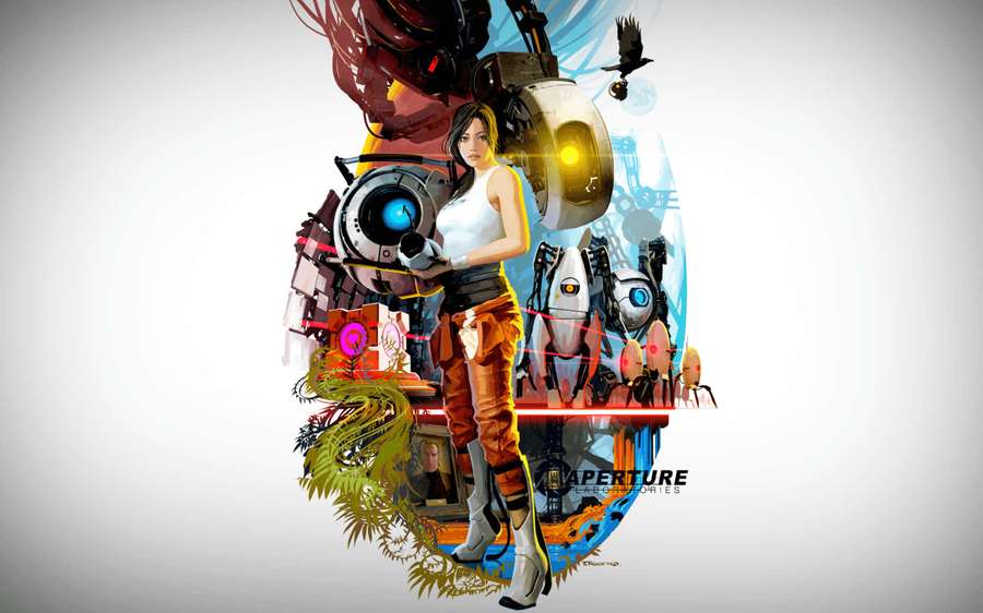 Chell from Portal holding a portal gun with Aperture Science robots and equipment. — Portal 2 Background