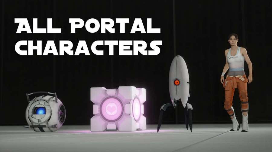 Portal game characters including Chell GLaDOS and portal gun in studio. — Portal Characters Wallpaper