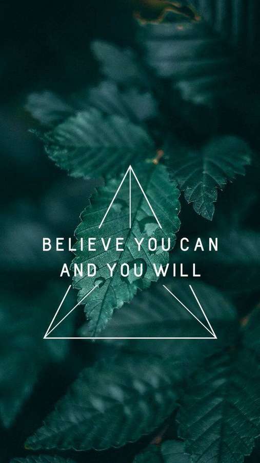 Fundo de folhas verdes com texto branco dizendo acredite que você pode e você vai dentro de um triângulo. — Positivo Papéis de Parede