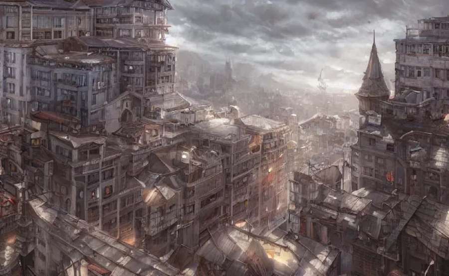 Dystopian city with crumbling buildings and overgrown rooftops under a gloomy sky. — Post-apocalyptic World Wallpaper