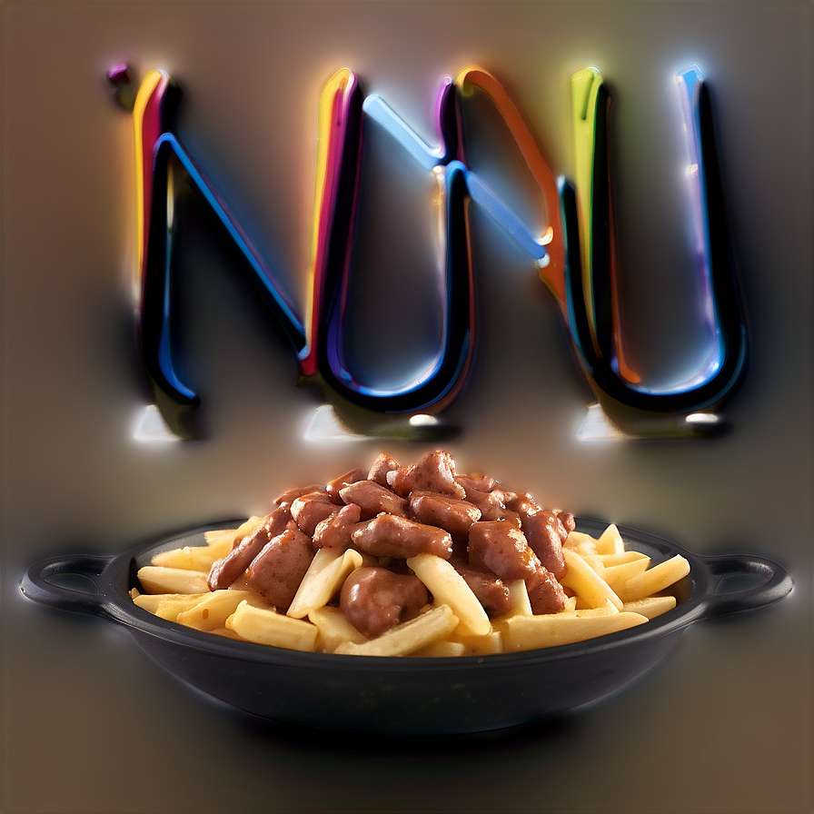 Poutine with meat under a colorful neon sign spelling Nuu — Poutine PNG