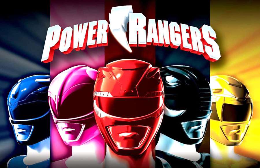 Five Power Rangers in colorful helmets with logo above — Power Rangers Background
