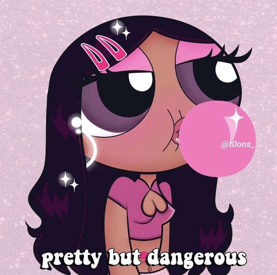 Cartoon-Mädchen, das eine rosa Kaugummiblase bläst, mit Glitzer um sie herum. — Powerpuff Bilder
