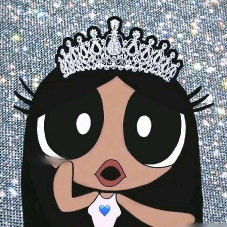 Cartoon-Mädchen mit Diadem und Herz-Shirt sieht überrascht auf glitzerndem Hintergrund aus. — Powerpuff Mädchen Wallpaper