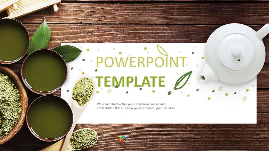 PowerPoint template with green tea elements on a wooden surface. — Ppt Background