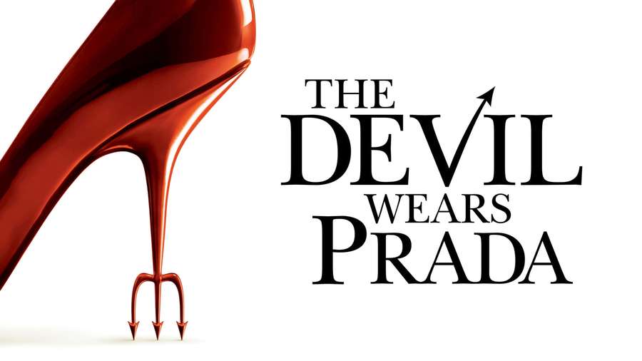 Red high heel shaped like a devil's trident with 'The Devil Wears Prada' text. — Prada Background