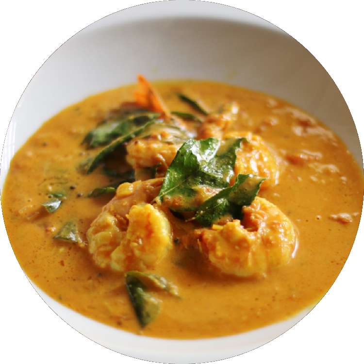 Creamy orange shrimp curry with green curry leaves in a white bowl. — Prawns Background