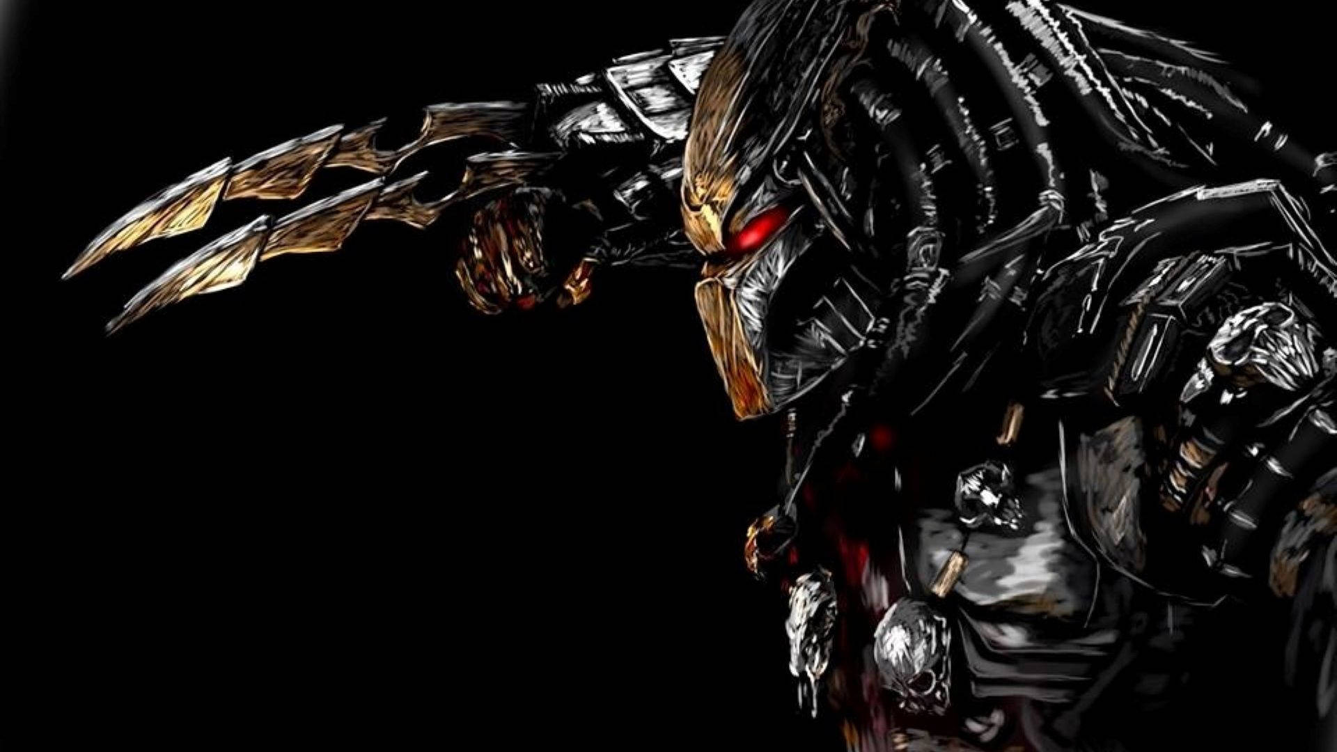 Predator alien-krigare med glödande röda ögon och metalliska klor mot svart bakgrund — Rovdjur Bakgrundsbilder