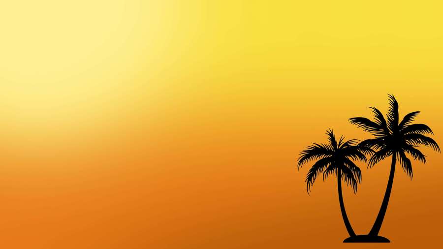 Two palm trees silhouetted against a warm orange and yellow sunset sky. — Preppy Beach Picture