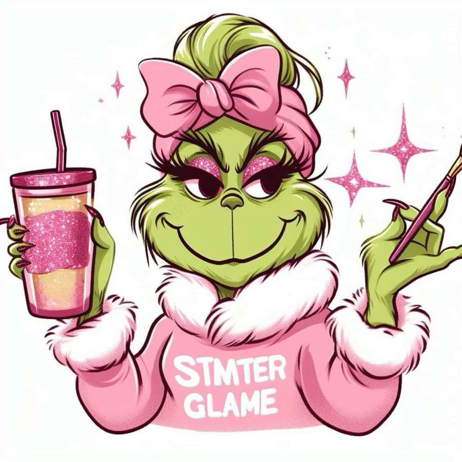 Vihreä Grinch vaaleanpunaisessa asussa pitäen kimallusjuomaa ja meikkisivellintä. — Preppy Grinch Taustakuvat