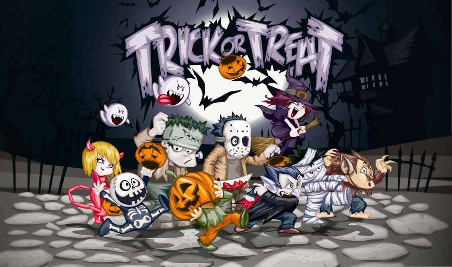 Gruppe von Cartoon-Halloween-Figuren, die nachts Süßes oder Saures machen. — Preppy Halloween Wallpaper