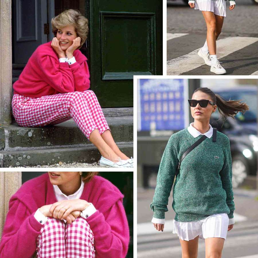 Two women in casual streetwear one in pink plaid the other in green sweater. — Preppy Picture