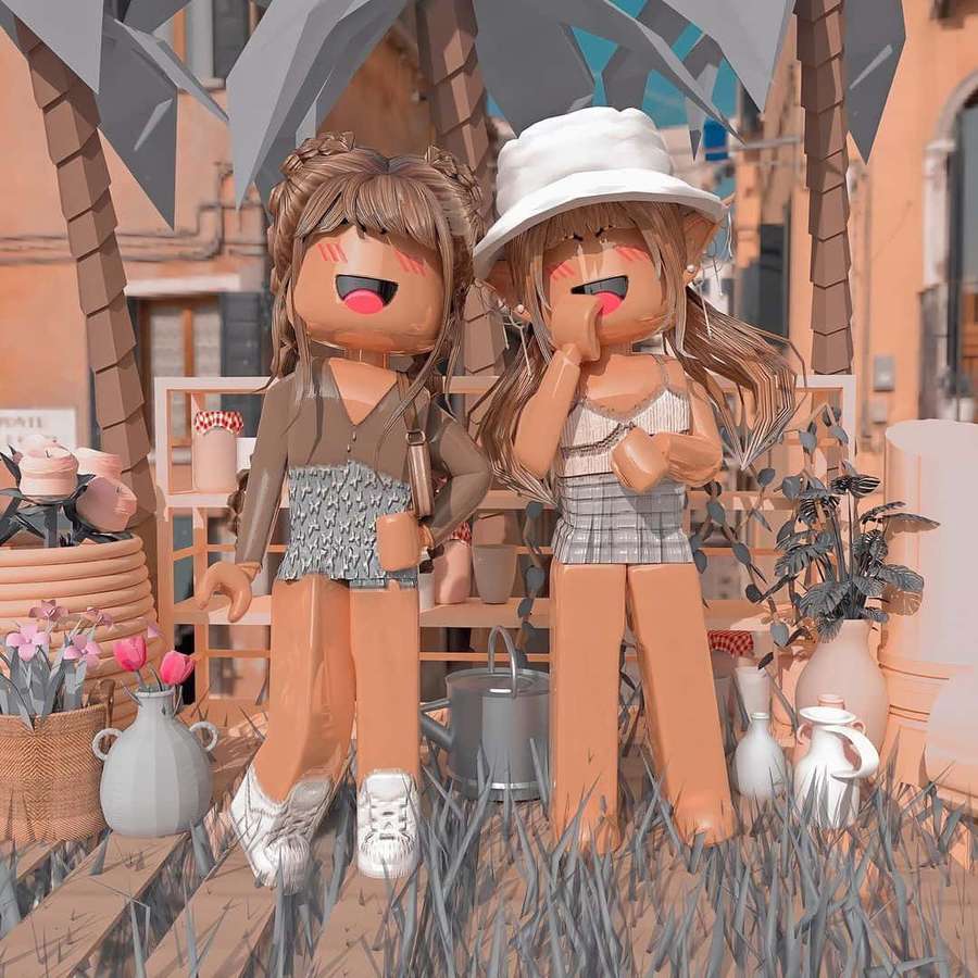 Due avatar sorridenti dei cartoni animati in un mercato all'aperto soleggiato con piante e decorazioni pastello. — Preppy Roblox Sfondi