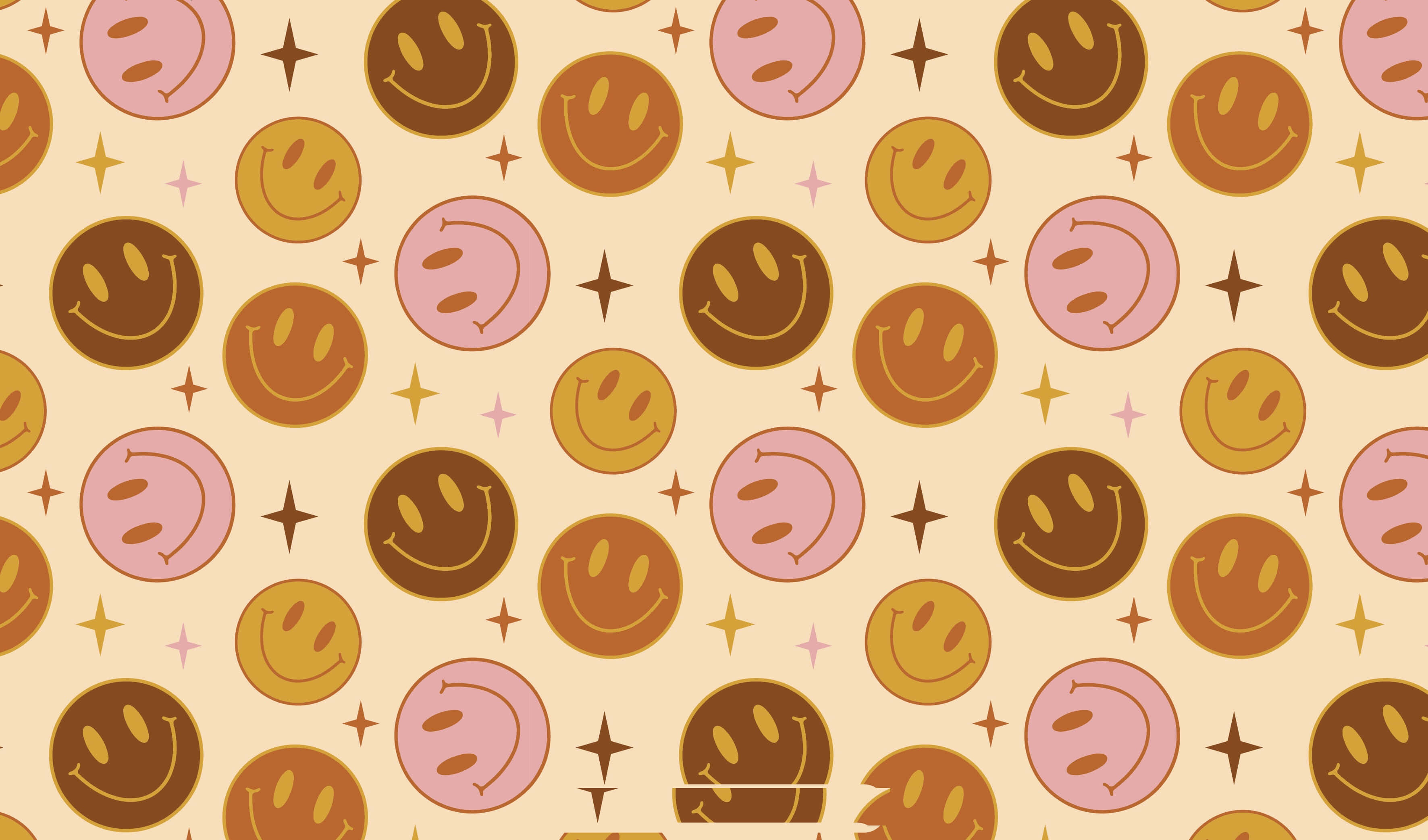 Repeating smiley faces and stars in warm tones on beige background. — Preppy Smiley Face Background
