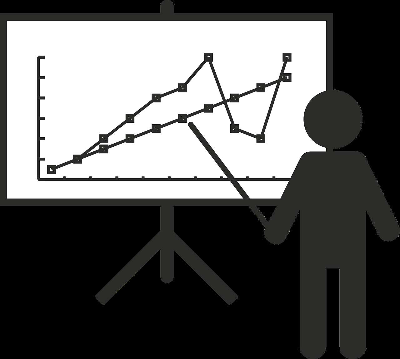 Silhouette of a person presenting a line graph on a whiteboard. — Presentation PNG