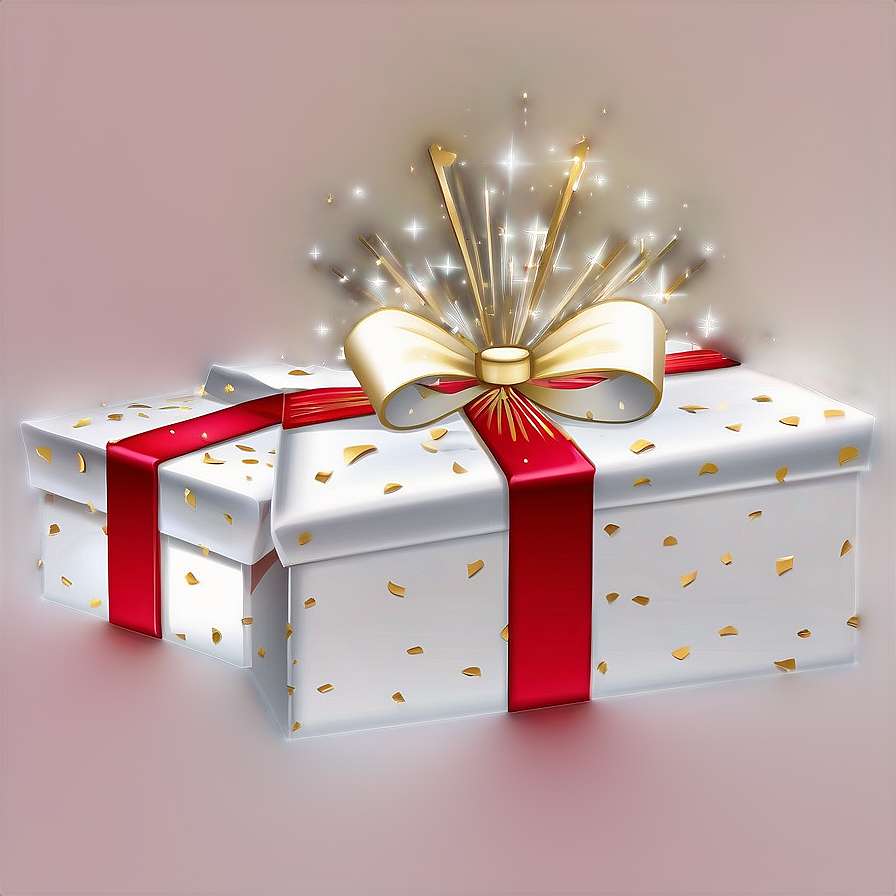 White gift box with red ribbon and gold confetti bursting with sparkles. — Presents PNG