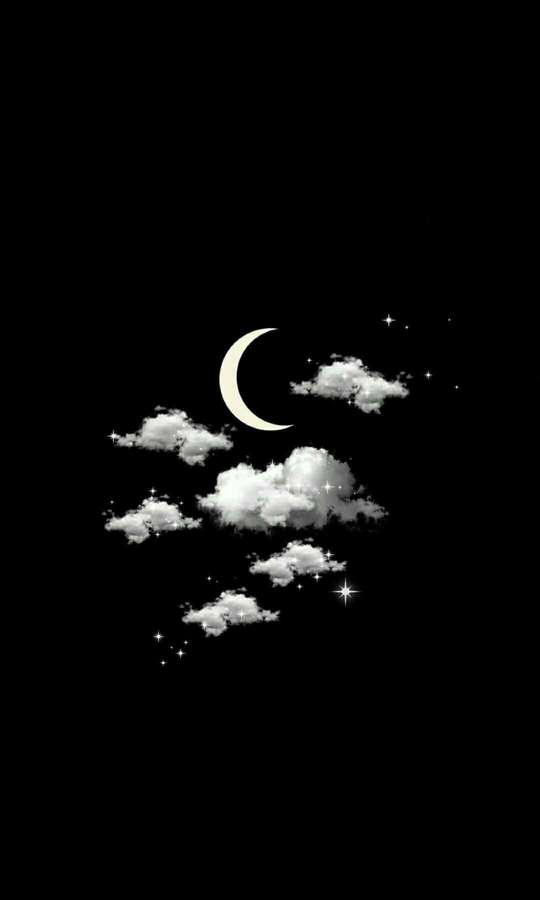 Lua crescente e nuvens com estrelas em um céu noturno negro — Preto e branco simples Papéis de Parede