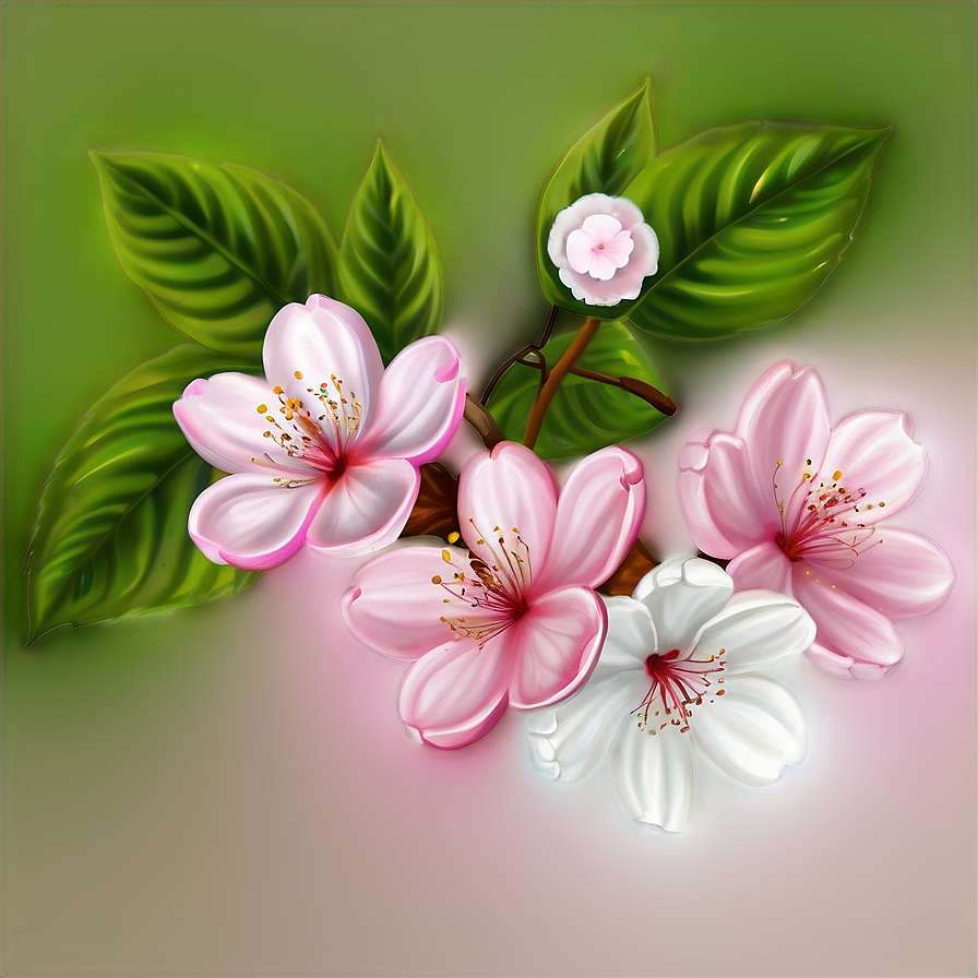Pink and white cherry blossoms with green leaves on a soft gradient background. — Pretty Flower PNG