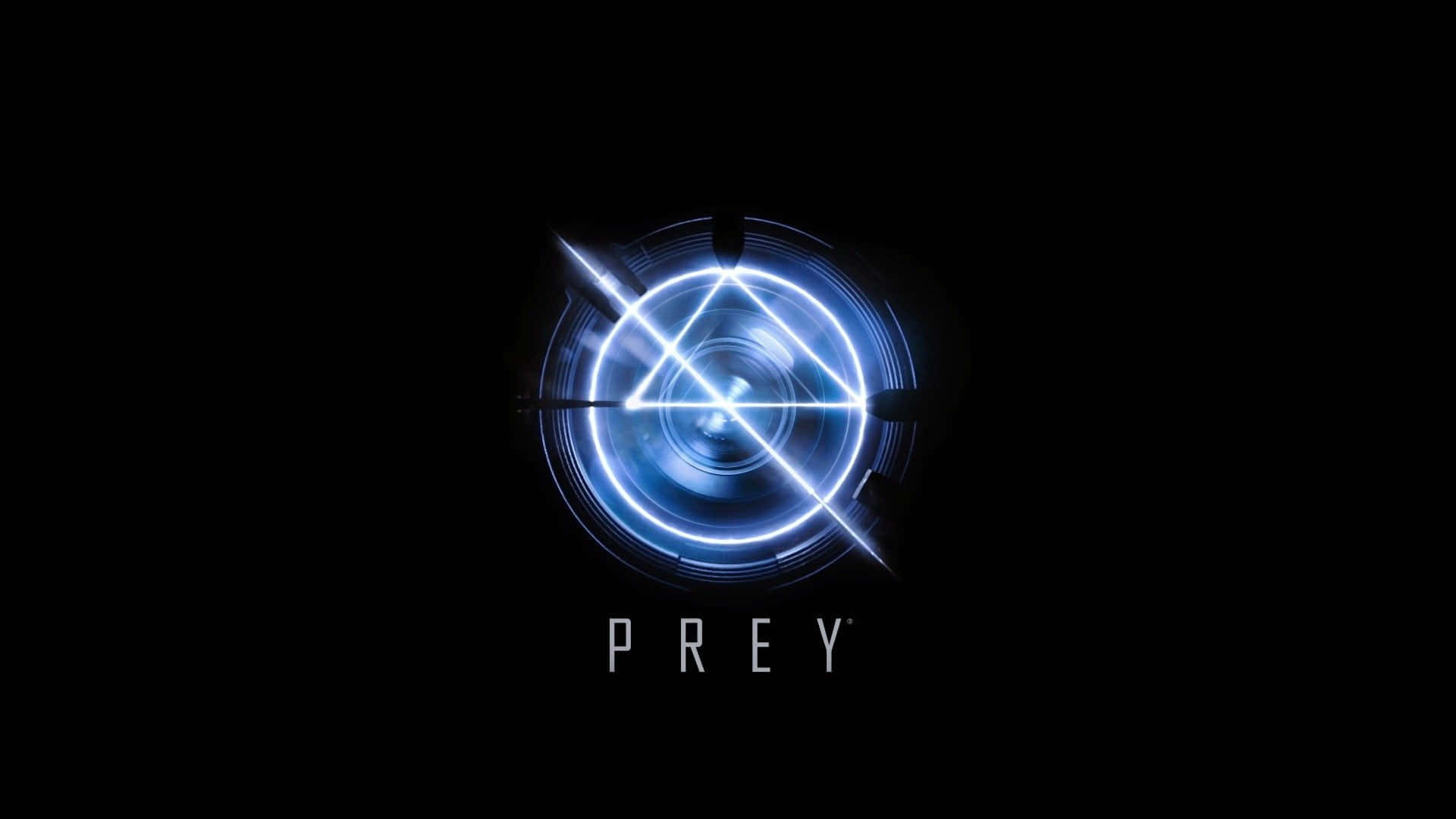 Et glødende blått futuristisk siktemiddel med ordet PREY nedenfor. — Prey Bakgrunner