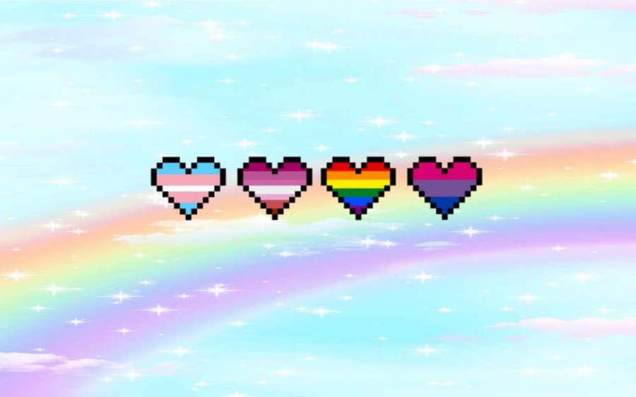 Fire pixelhjerter med pride-flag svæver i en regnbuehimmel med stjerner. — Pride Desktop Wallpapers