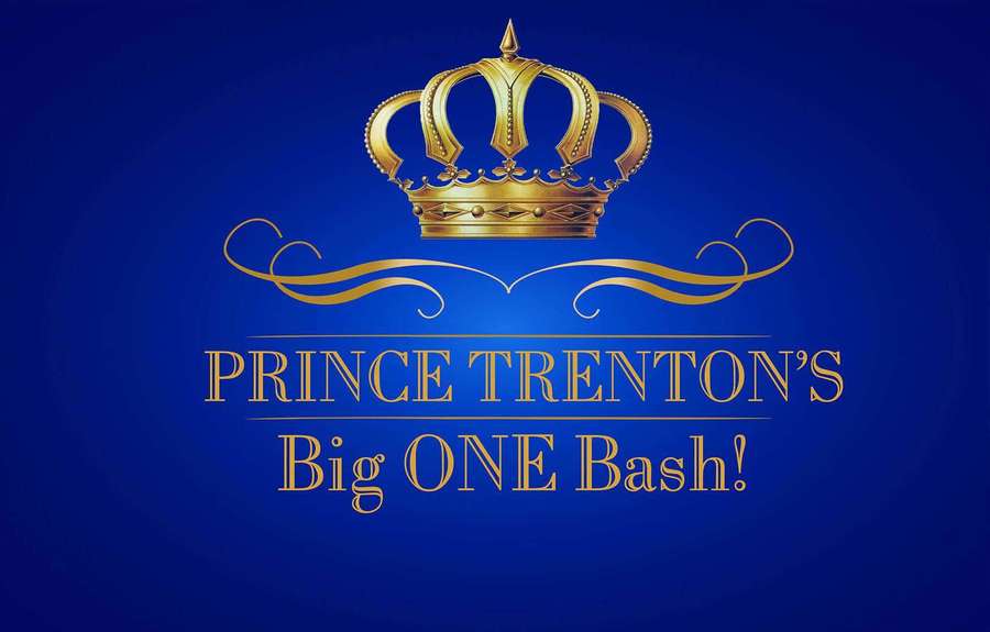 Golden crown and text announcing Prince Trenton's Big One Bash on blue background. — Prince Background