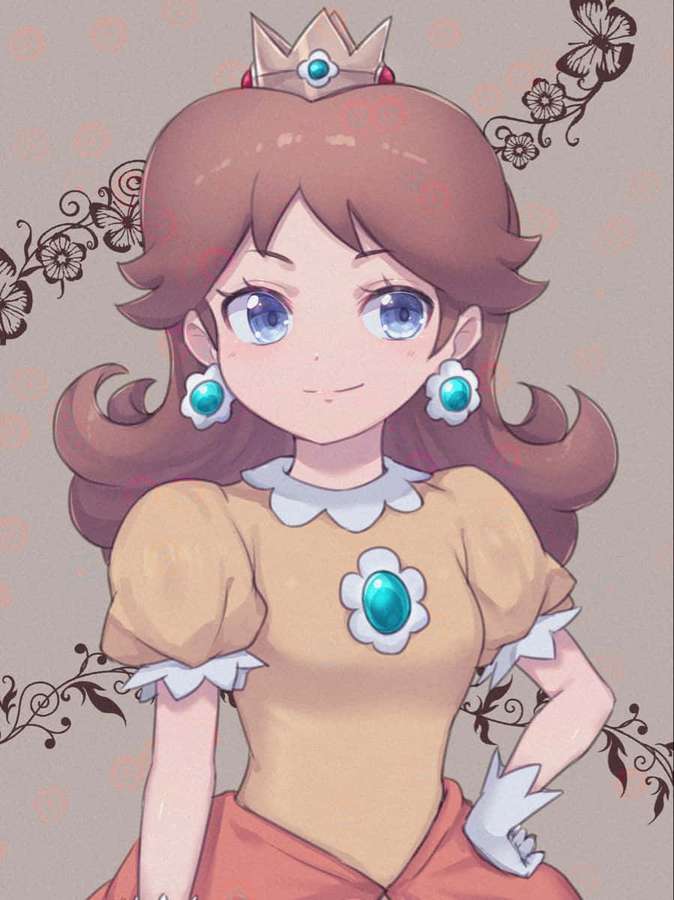 Princesa anime con cabello castaño y ojos azules usando un vestido amarillo y joyas turquesa. — Princesa Daisy Fondos de pantalla