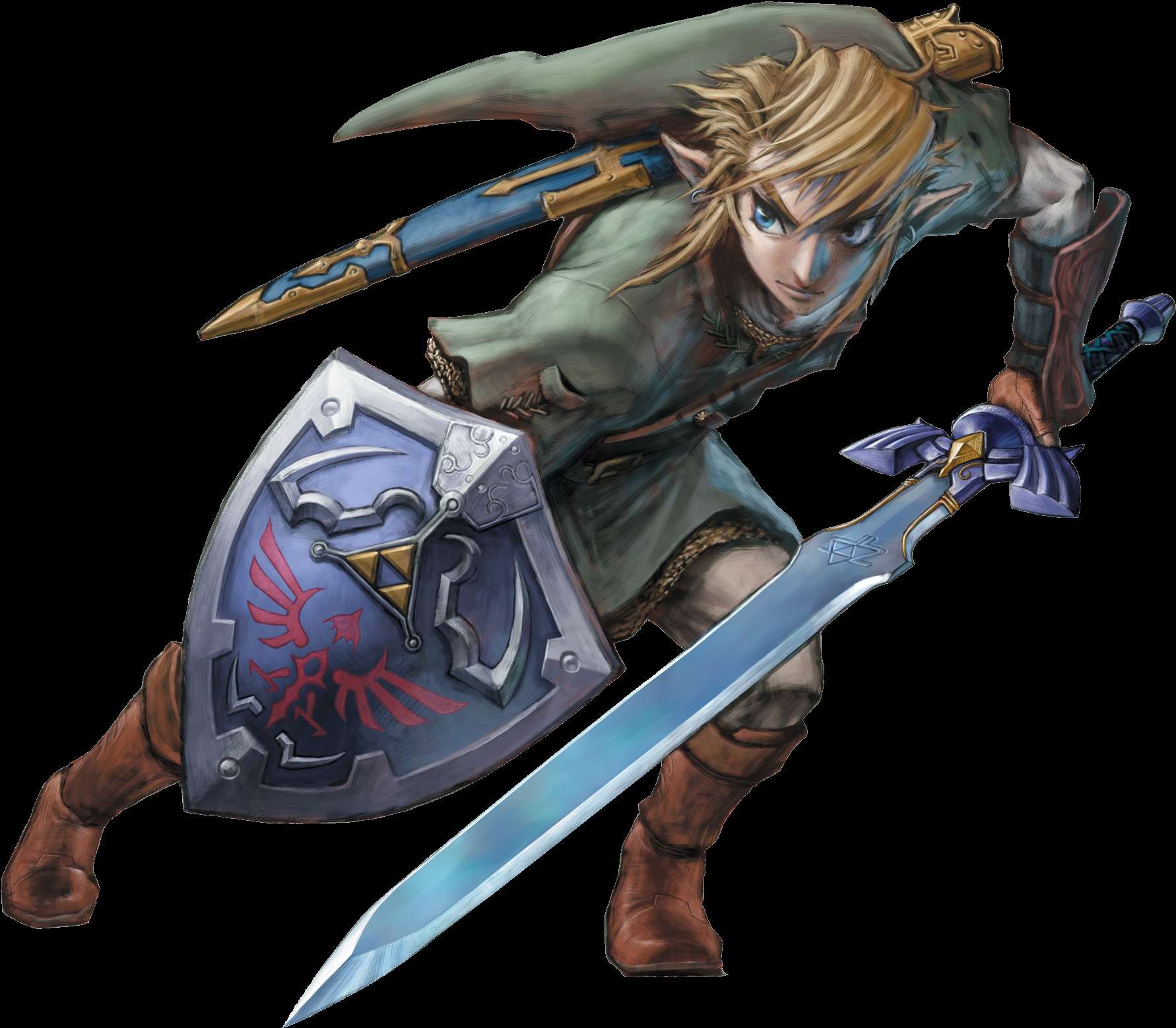 Hero Link from Zelda holding sword and shield in battle stance. — Princess PNG