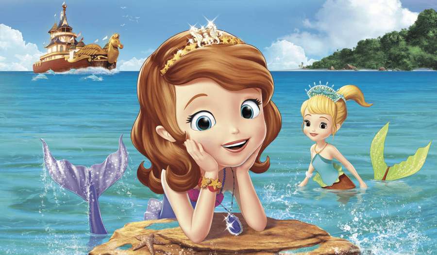 Two smiling cartoon mermaids in ocean with ship and island in background. — Princess Sofia Wallpaper