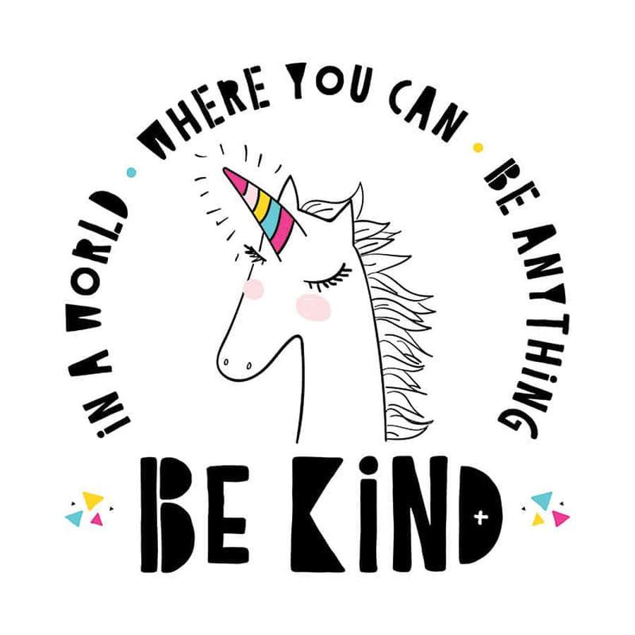 A cheerful unicorn with a rainbow horn encourages kindness with a motivational message. — Printable Wallpaper