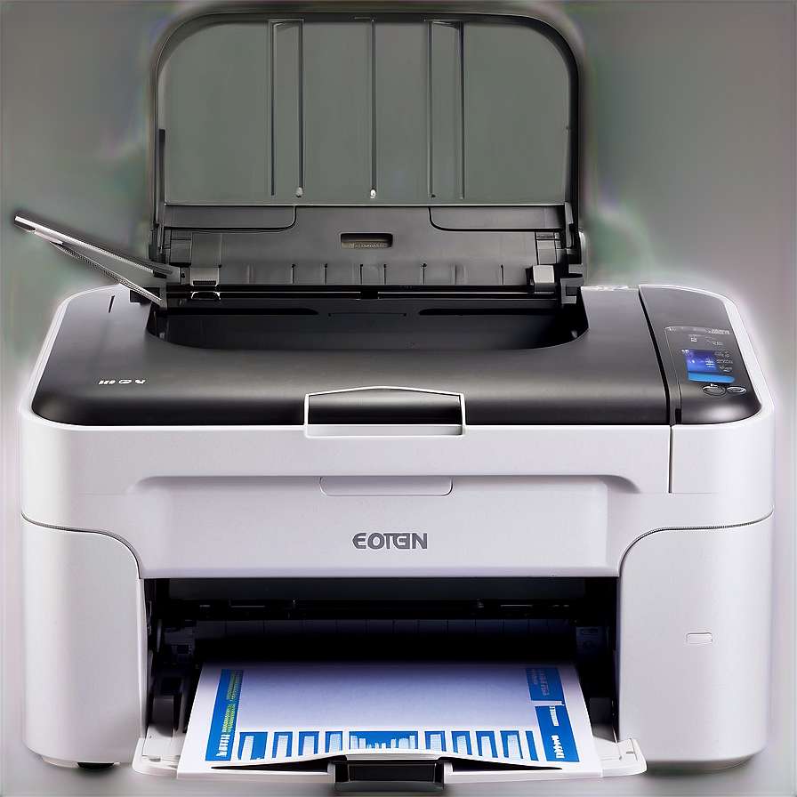 A white and black printer printing a document with blue graphics. — Printer PNG