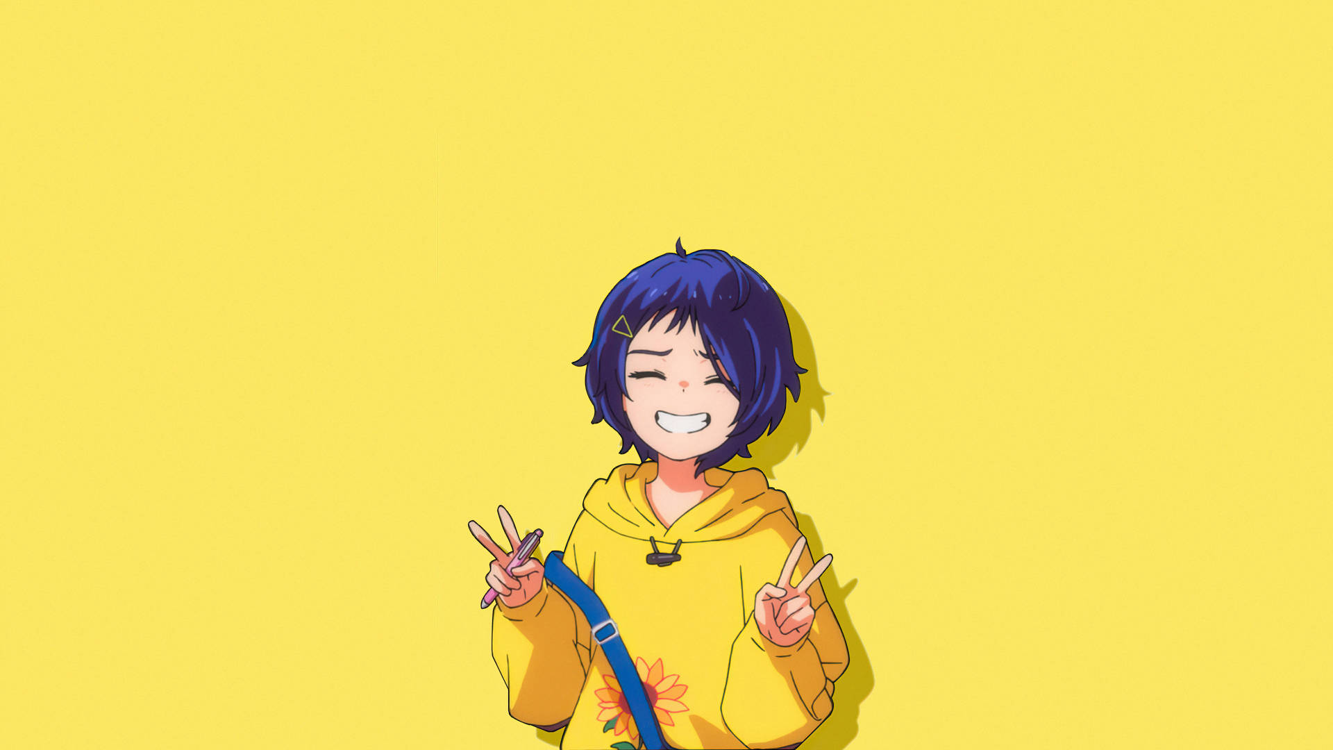 Anime-tjej med blått hår i gul hoodie gör fredstecken med båda händerna. — Prioriterad bakgrund Bakgrundsbilder