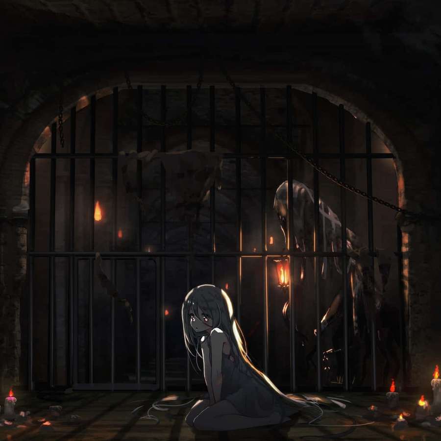 Garota de anime ajoelhada em uma masmorra iluminada por velas enfrentando uma figura monstruosa atrás das grades. — Prisioneiros Papéis de Parede