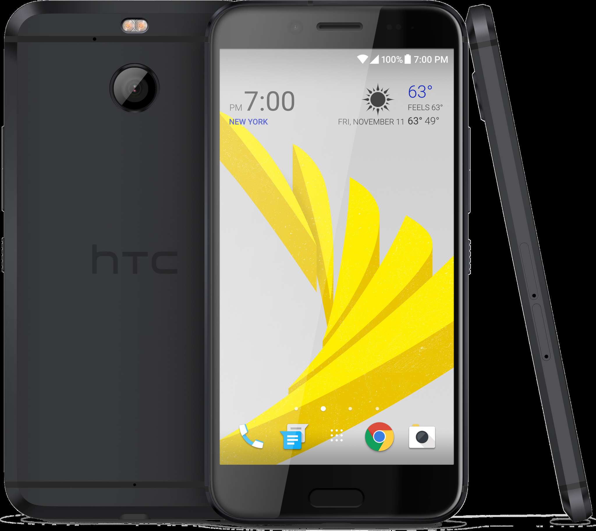 Black HTC smartphone displayed from three angles with yellow abstract wallpaper. — Processor PNG