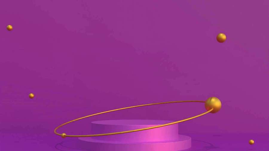 Purple pedestal with golden orbiting sphere in abstract digital art. — Product Background