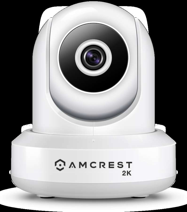 White Amcrest 2K security camera with black lens on a black background. — Professional PNG