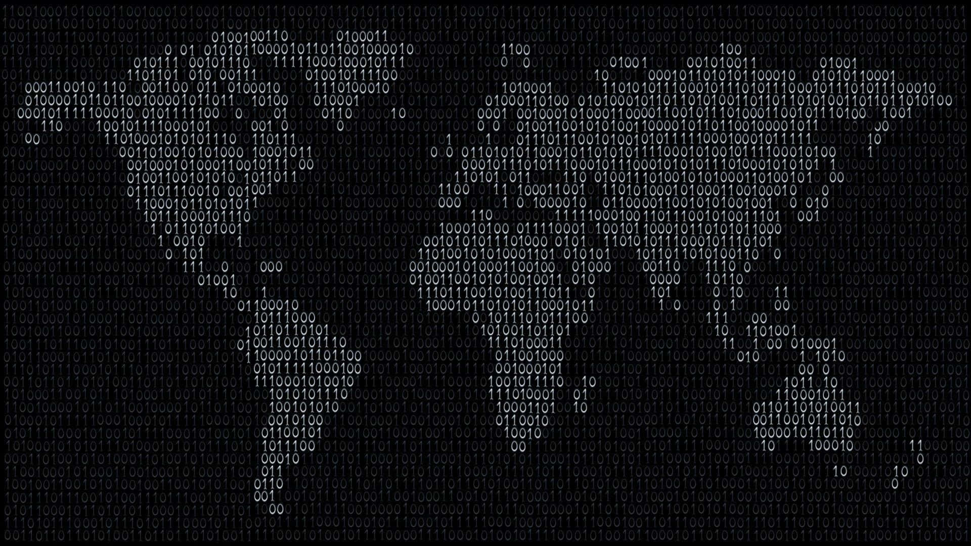 Contorno do mapa-múndi feito de dígitos binários em uma tela escura. — Programação Papéis de Parede