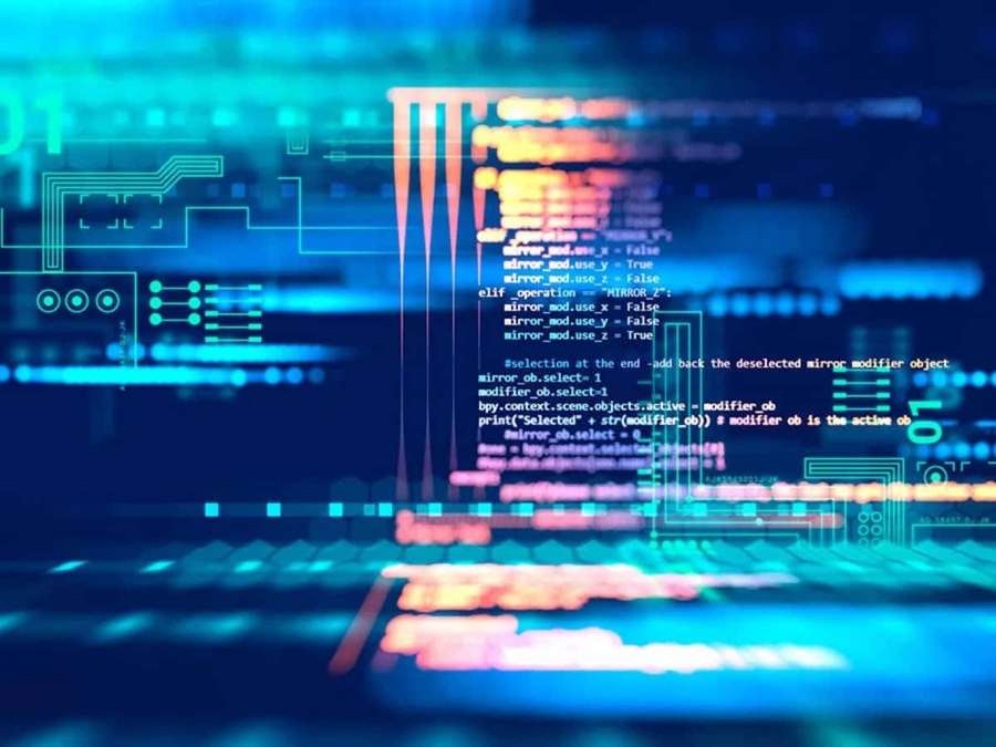Futuristic digital interface with glowing code and circuit patterns in blue and orange. — Programming Picture
