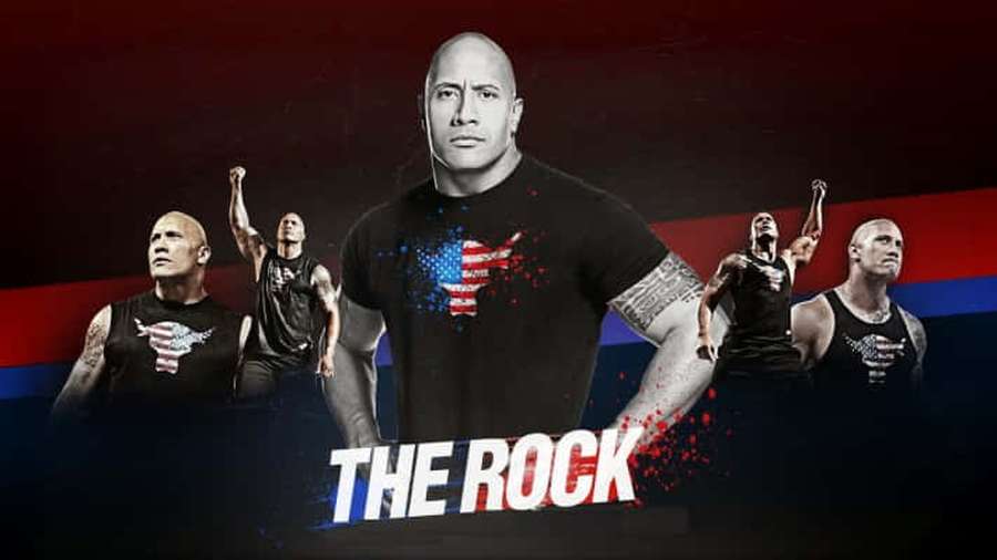 Dwayne Johnson i flera actionposer iförd en svart t-shirt med amerikansk flaggdesign. — Project Rock Bakgrundsbilder