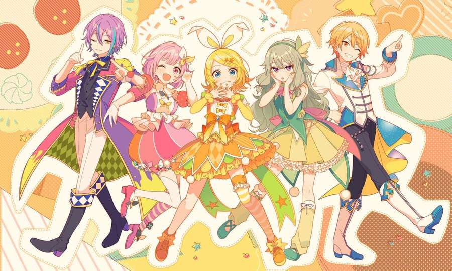 Five anime characters in performance costumes posing cheerfully on a patterned stage. — Project Sekai Wallpaper