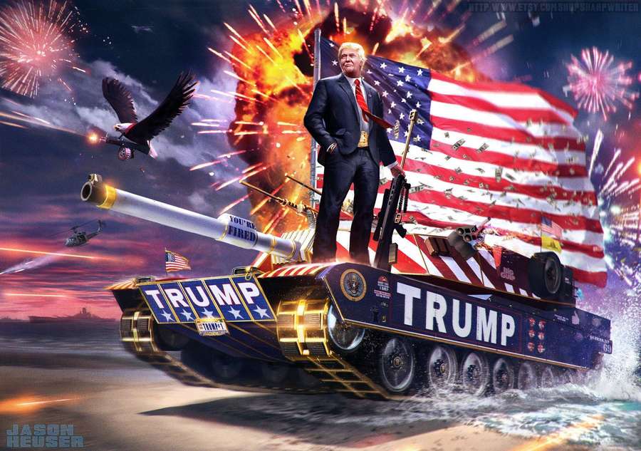 Ein Mann auf einem Panzer mit der Aufschrift Trump mit Feuerwerk und einem Adler am Himmel. — Prominente Wallpaper