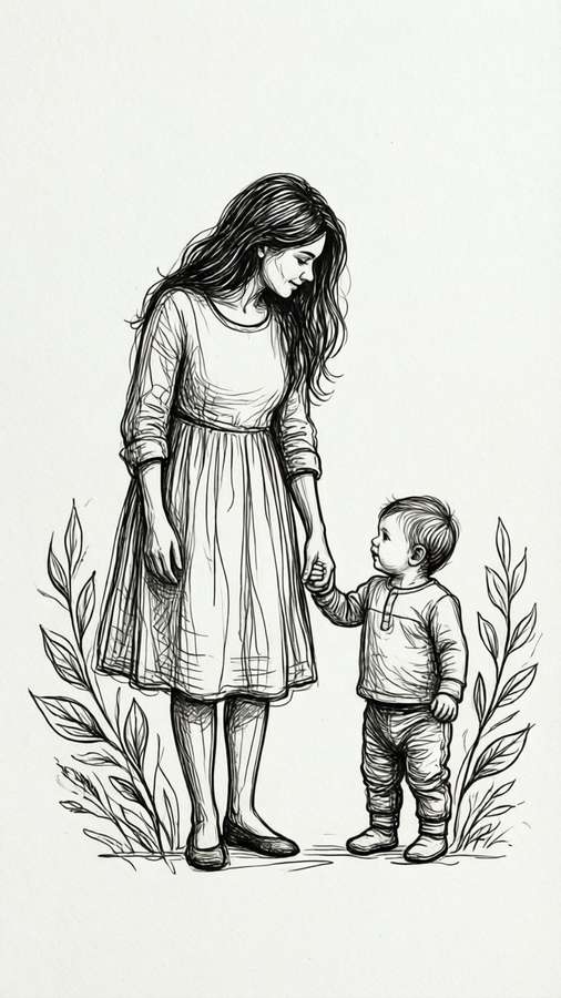 Minimalist line art of a big sister and baby holding hands with leaves. — Promoted To Big Sister Wallpaper