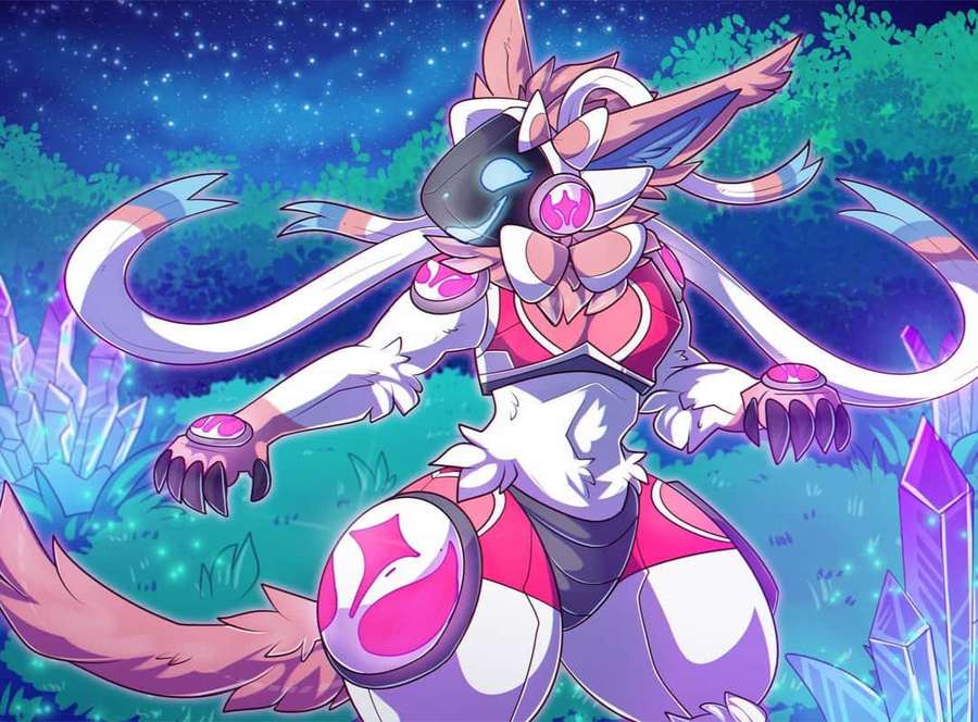 Anime fox warrior in futuristic armor amidst glowing crystals under a starry sky. — Protogen Wallpaper