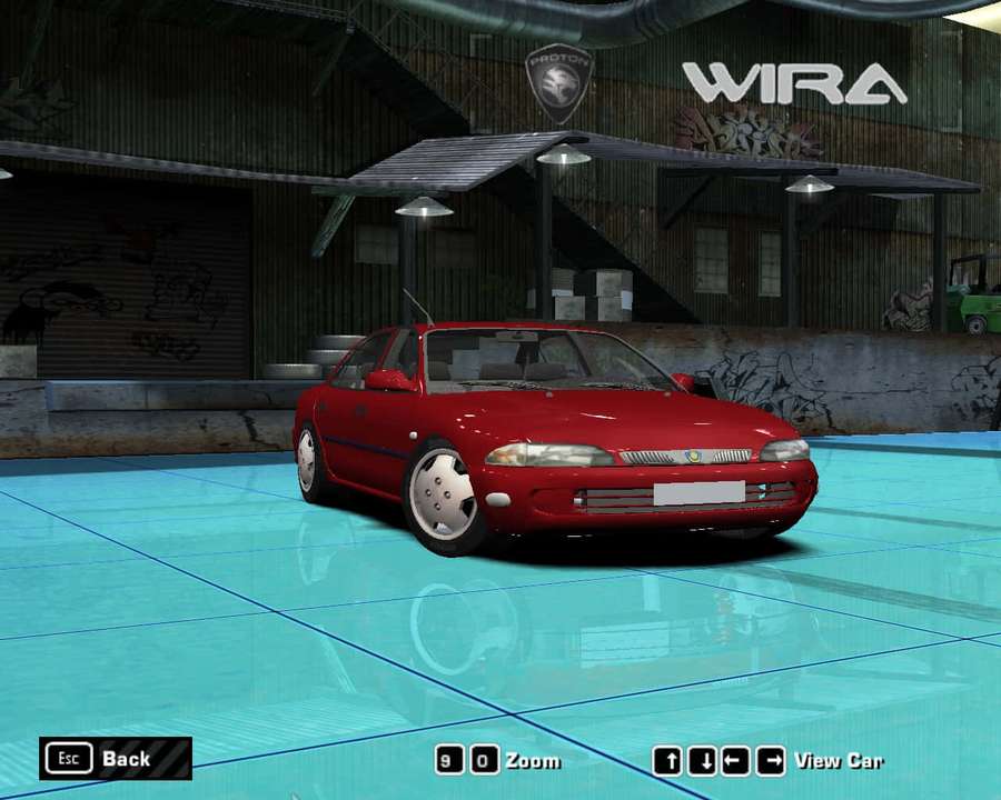Red sedan in a graffiti-covered garage with blue tiled floor and game interface. — Proton Wira Wallpaper
