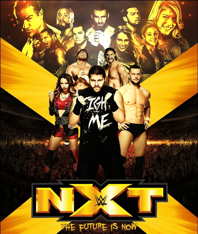 Lutadores da WWE NXT posando confiantemente no palco com luzes douradas brilhantes e fãs animados. — Próximo Papéis de Parede